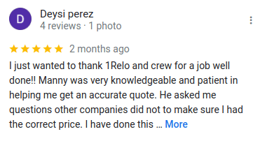 Deysi perez - Moving Relocation Company Google Review