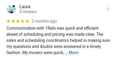 Laura Moving Relocation Company Google Review