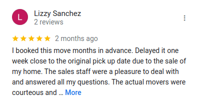 Lizzy Sanchez Moving Relocation Company Google Review